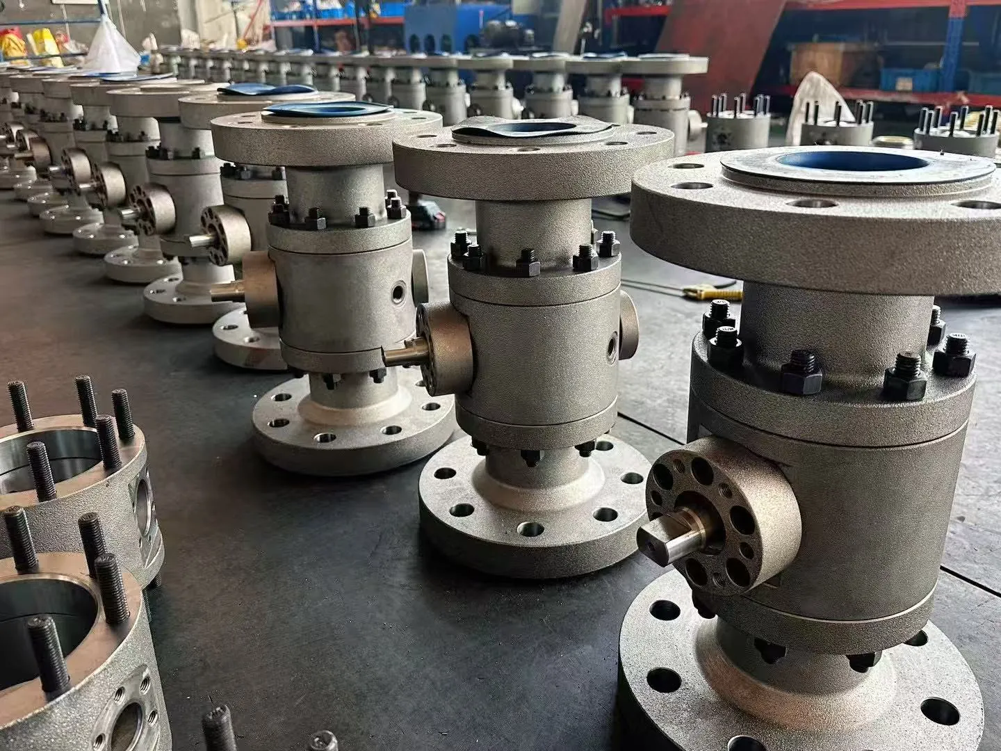 Fully welded industrial ball valve body in production