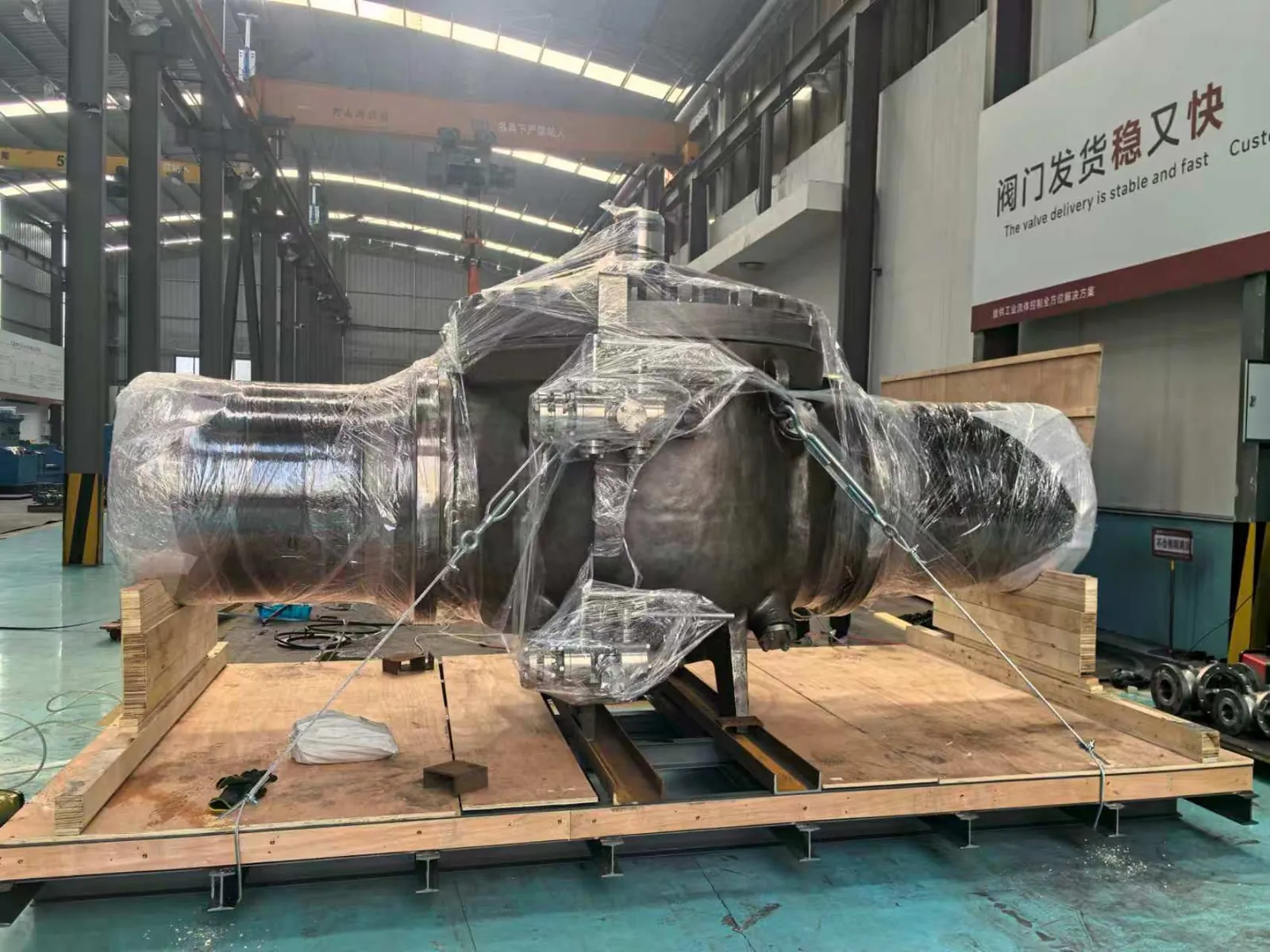 Large industrial valve protected and secured for shipment